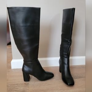 Black Knee High Faux Leather  Wide Calf Boots.